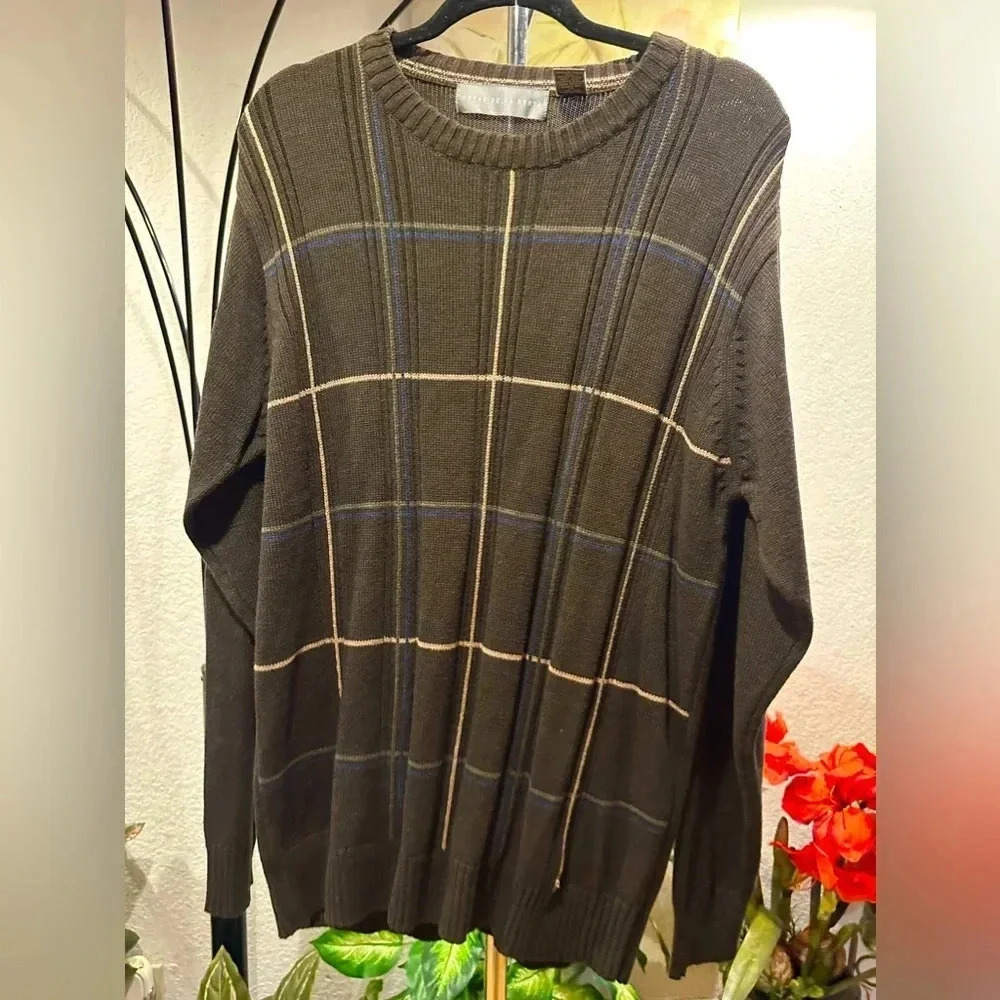 Oscar De La Renta Mens Brown/gray Check Long Sleeve Knit Pullover Sweater Size L